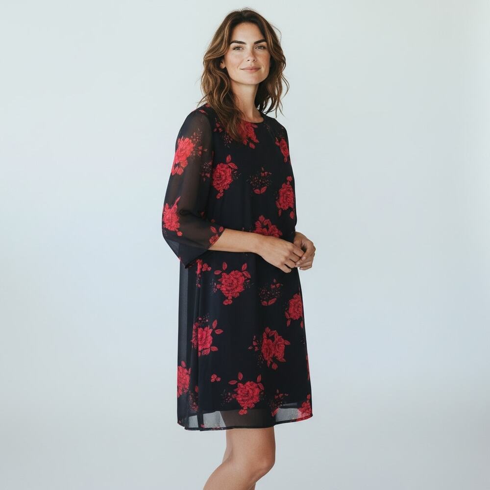 Grace Karin XL Black w Red Roses Chiffon Dress Butterfly‎ Sleeves Boho